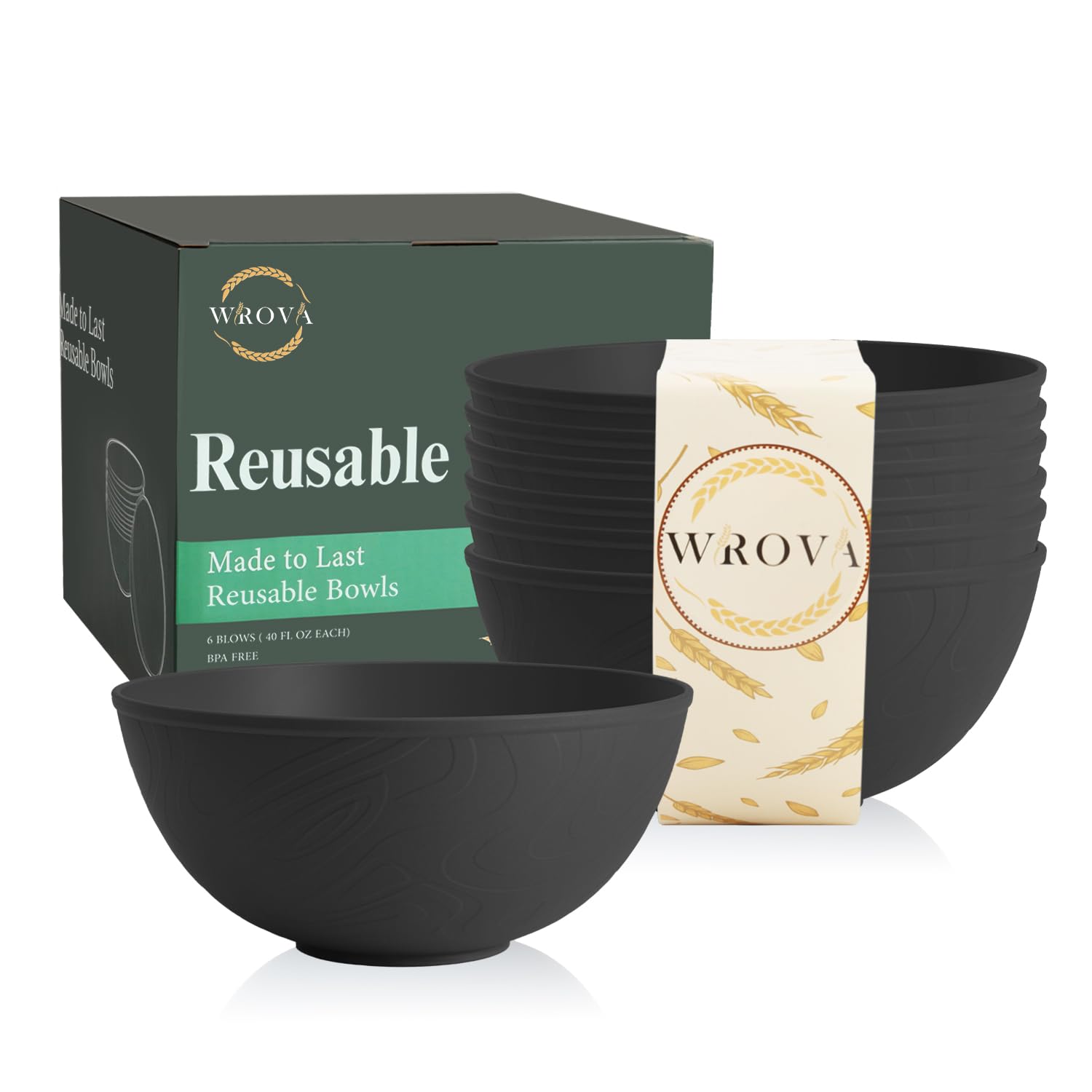 Wrova Large Bowls 1250ml - Unbreakable Plastic Bowl Set of 6 Serving Bowls Set for Salad, Soup, Fruit, Extra Thick Anti-Scald Bowl, Reusable Deep Bowls Microwave and Dishwasher Safe for Kitchen-Black