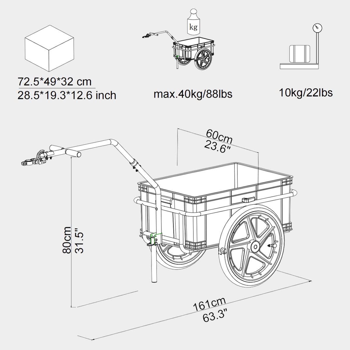 Tiggo 70L Remorque de Velo Transport, Panier Amovible, Chassis en Acier, Traction : 40kg Max, Bache Impermeable, Utilisable comme Chariot a Main