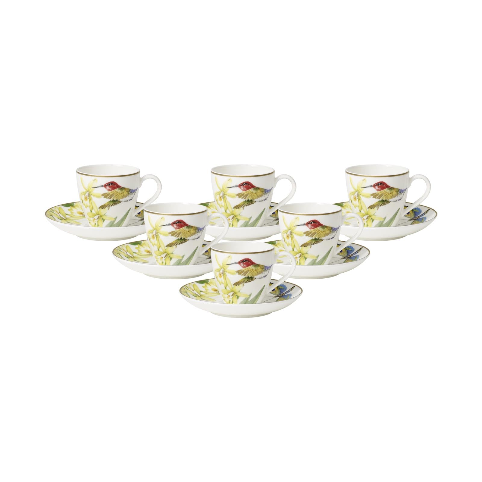 Villeroy & Boch Amazonia Anmut Espressotassen mit Untertassen 100 ml, 6er Set, Espresso-Set mit farbenfrohem Natur-Dekor, Premium Bone Porzellan, Bunt