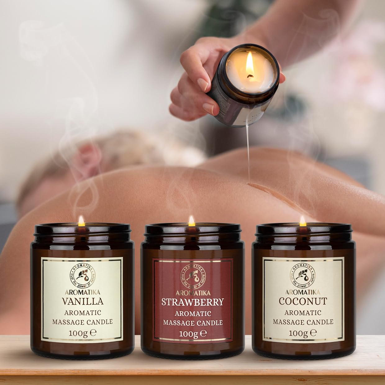 Vela de Masaje Set Vainilla Coco Fresa 3x100g Cera de Soja Aceites de Coco Almendras Monoi Tahiti Aromaterapia Calmante