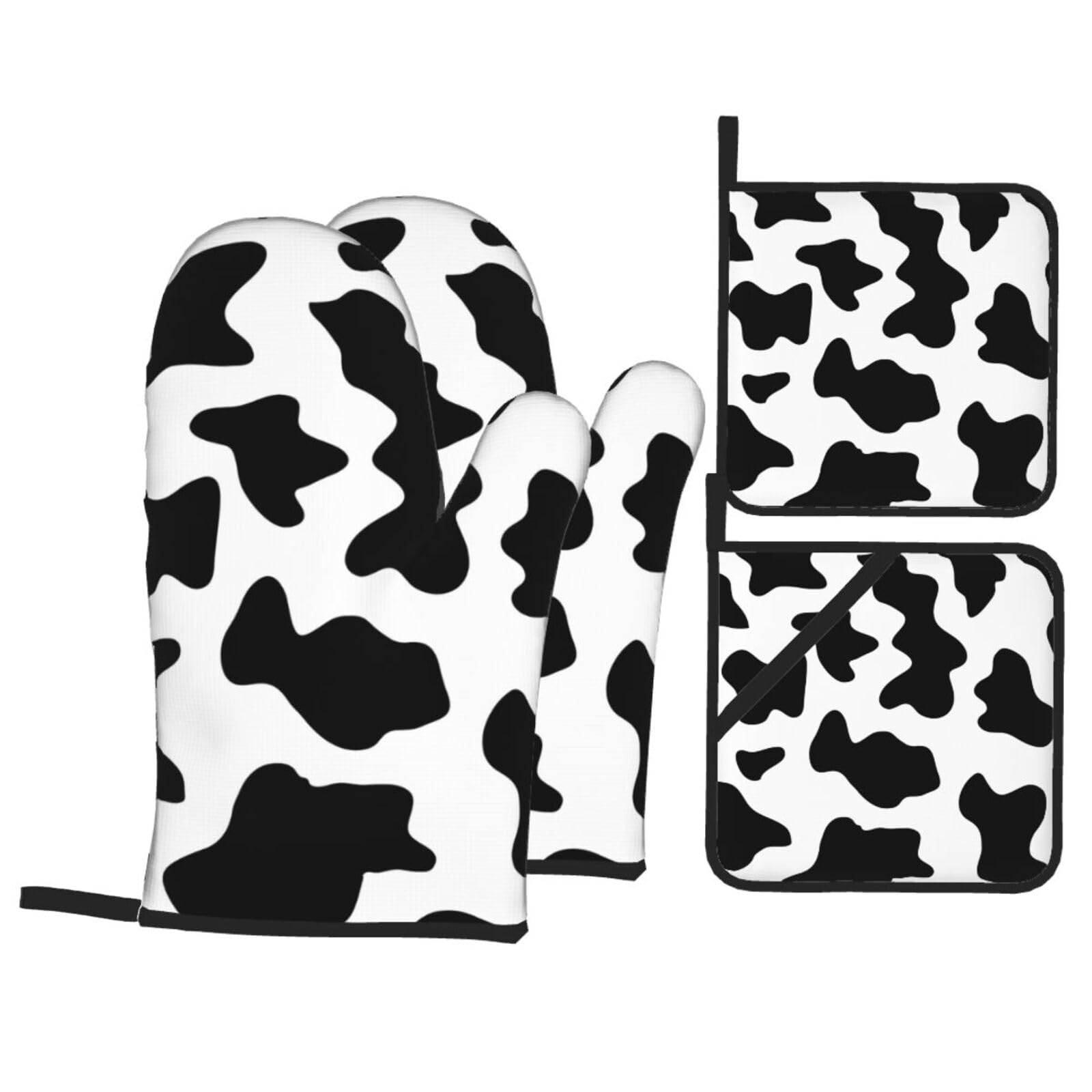Black And White Cow Print Print Stylish Heat-Resistant Oven 4-Piece Set Kitchen Gloves Roasting Daily Cooking