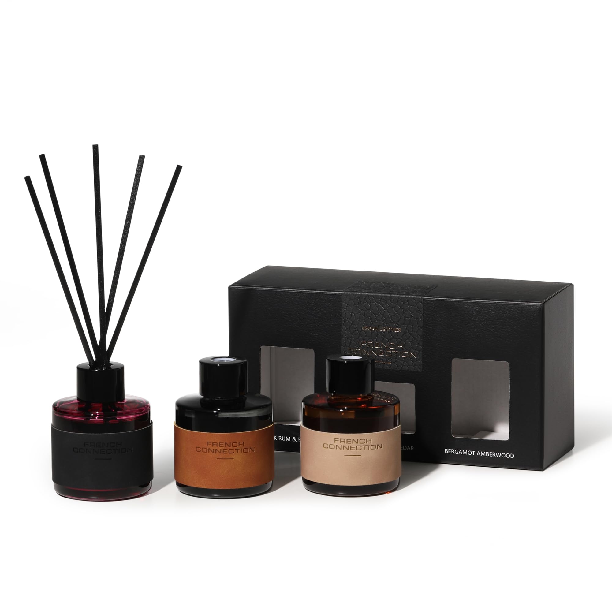 French Connection Leather Range Diffuser Set – Dark Rum Rose, Sandalwood & Cedar, Bergamot & Amberwood – 3 X 50ML (5 Reeds)