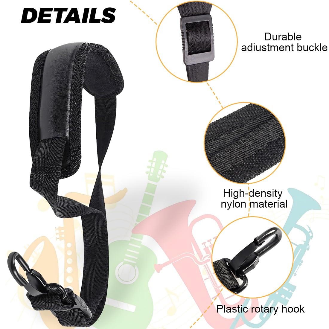 ZKGYUS Sangle de Saxophone, Sangle rembourrée pour saxophone Sax, Ceinture de Sax, Strap avec crochet en métal, Sangle de Portage Noir