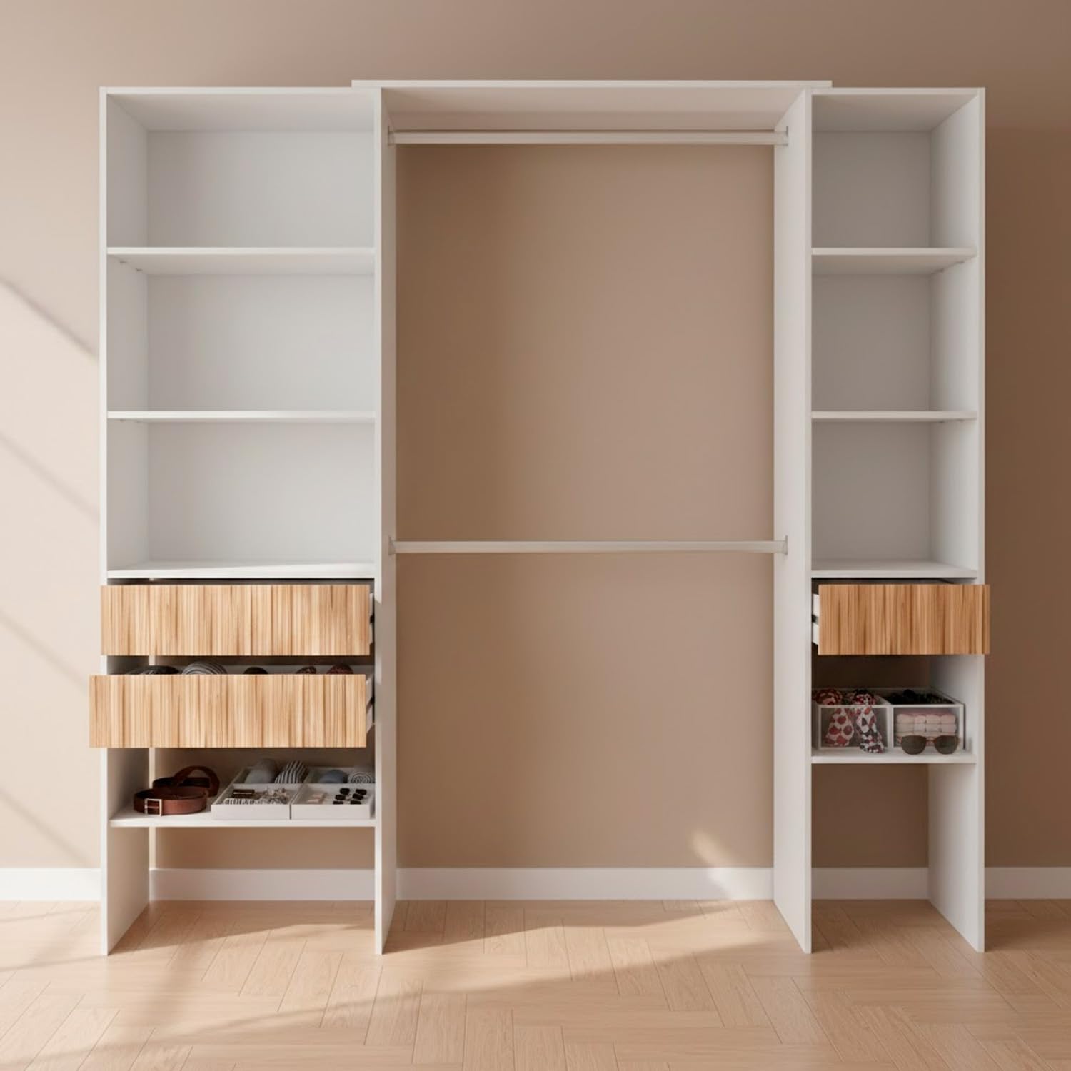 Armadio Guardaroba Aperto Con Ripiani Regolabili 3 Cassetti Doppio Appendiabiti In Alluminio Mobile Armadietto Multiuso Senza Ante Camera Da Letto Cameretta 190 x 187 x 40 Cm Bianco E Rovere Listato