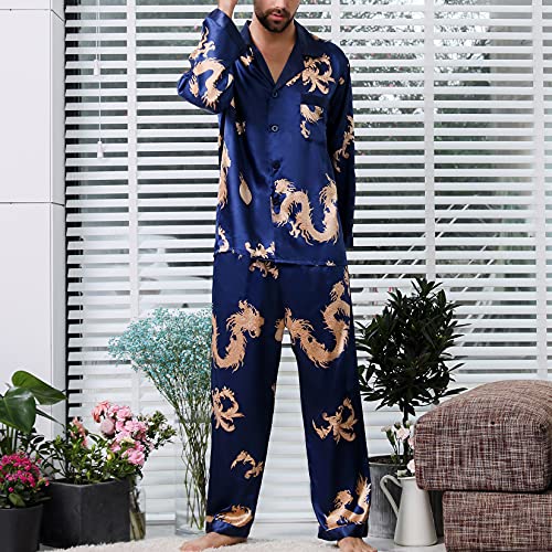 Lu's Chic Men's Silky Pajamas Set Satin Long Sleeve Loungewear Button Down Luxury Pj Sleepwear4