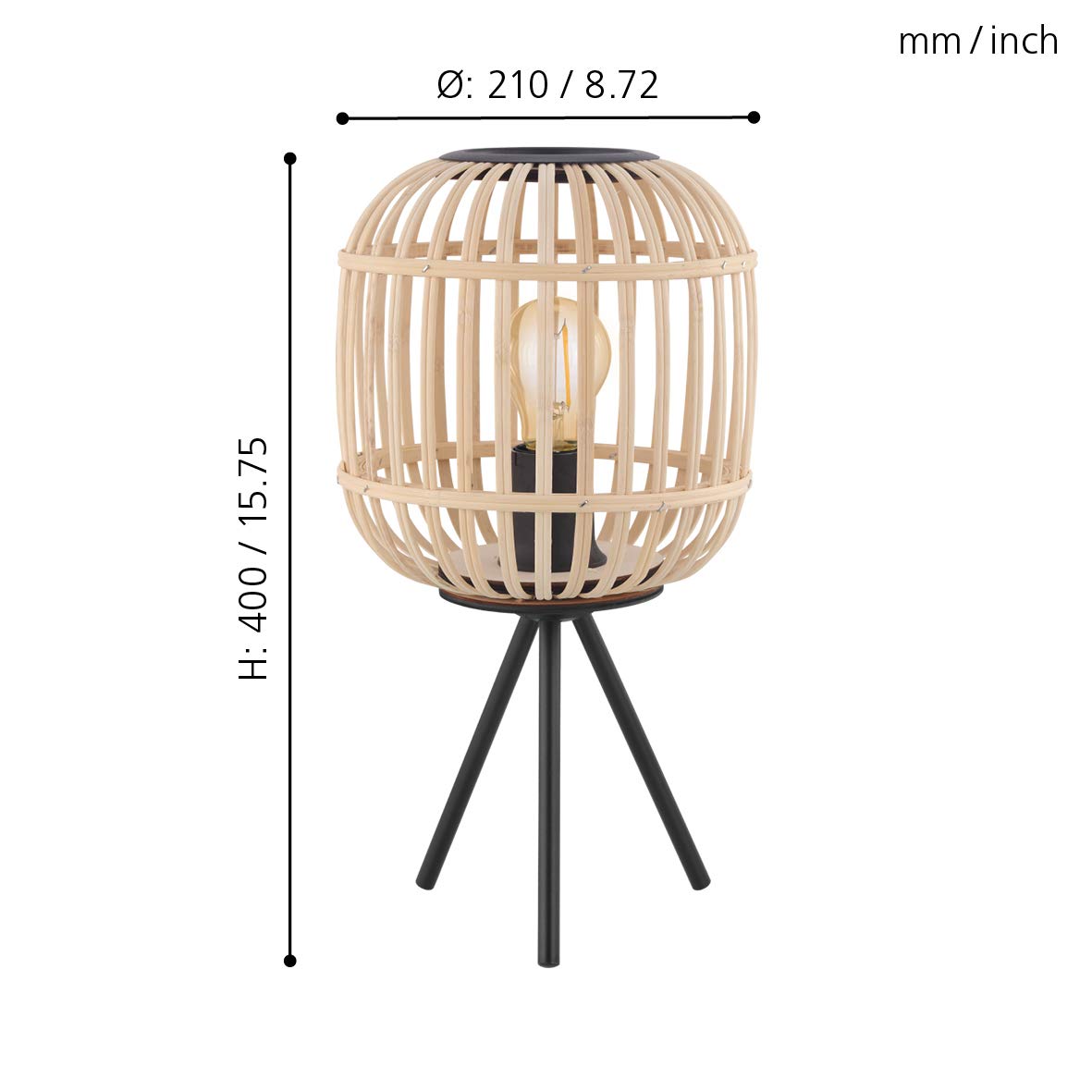 EGLO lampa stołowa Bordesley, 1-płomienna lampa vintage, naturalna, boho, hygge, lampka nocna ze stali w czerni i drewna w naturalnych odcieniach, lampa do salonu, z włącznikiem, oprawka E27