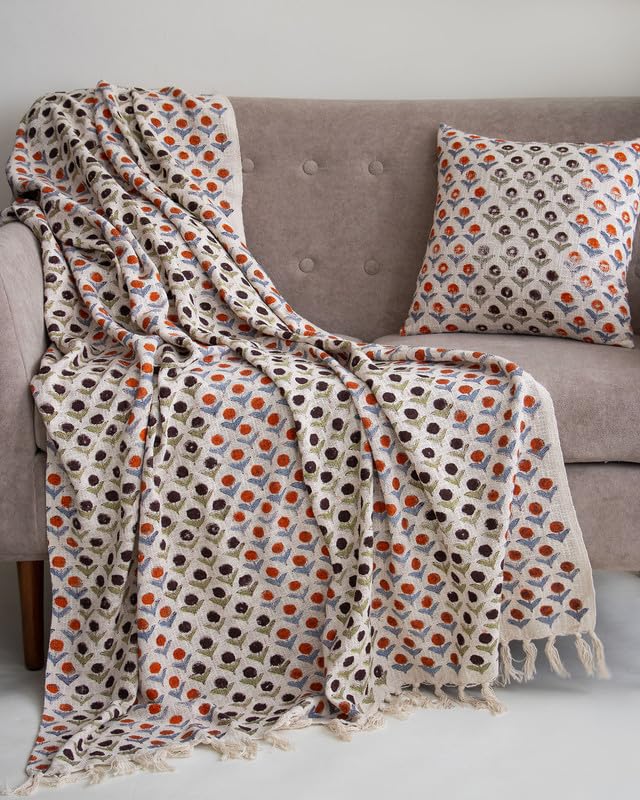 Image of Cotton Printed Peach Floral Jaal Pattern Sofa Throw (50x70 Inches) with 2 Pcs Cushion Cover(16x16 Inch) Boho Lightweight Thrower for Couch, Living Room & Bed (Pack of 3)