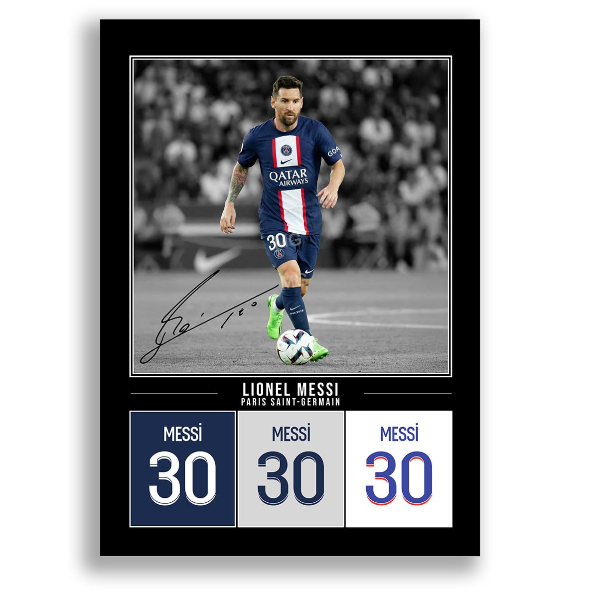 Mounted Gifts Trading Lionel Messi Inter Miami Signed Photo Poster A4/A3 Print Picture Display Framed Autograph Gift Argentina Barcelona PSG ((Black A4 Unframed) Messi PSG 2022)