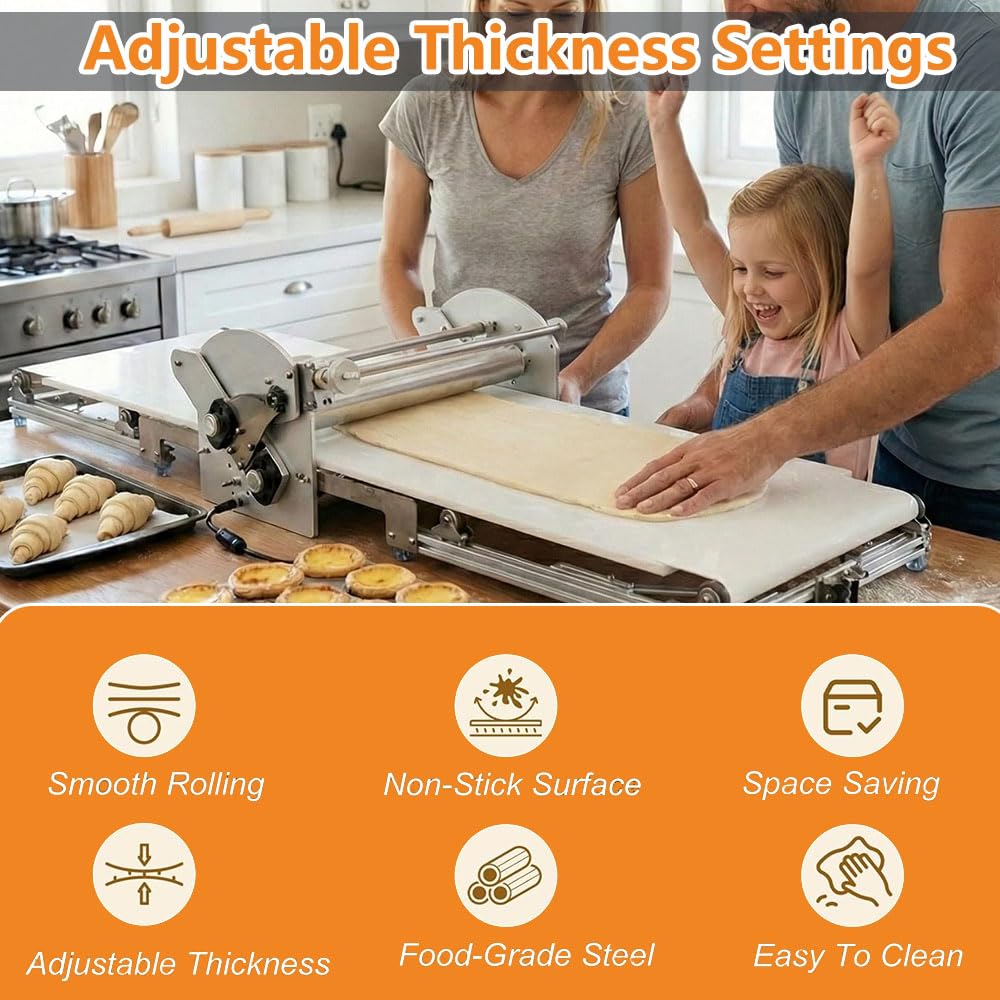 Sfogliatrice Elettrica Professionale in Acciaio Inox Piano in PE per Uso Alimentare Spessore Regolabile (2-30 mm) Sfogliatrice da Banco Pieghevole per Pasta di Zucchero e Croissant