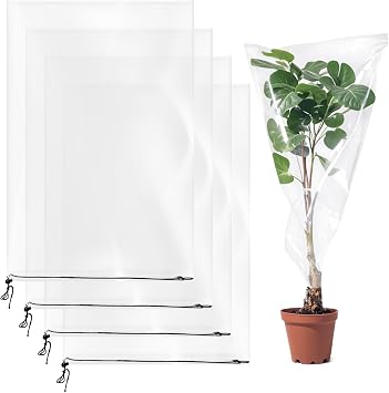 4 PCS 39.4" x59" Winter Plant Film Covers with Drawstring | Transparent Freeze Protection Bag Clear Plastic Plant Waterproof Coverings for Outdoor Plant Rain Snow Frost Protection
