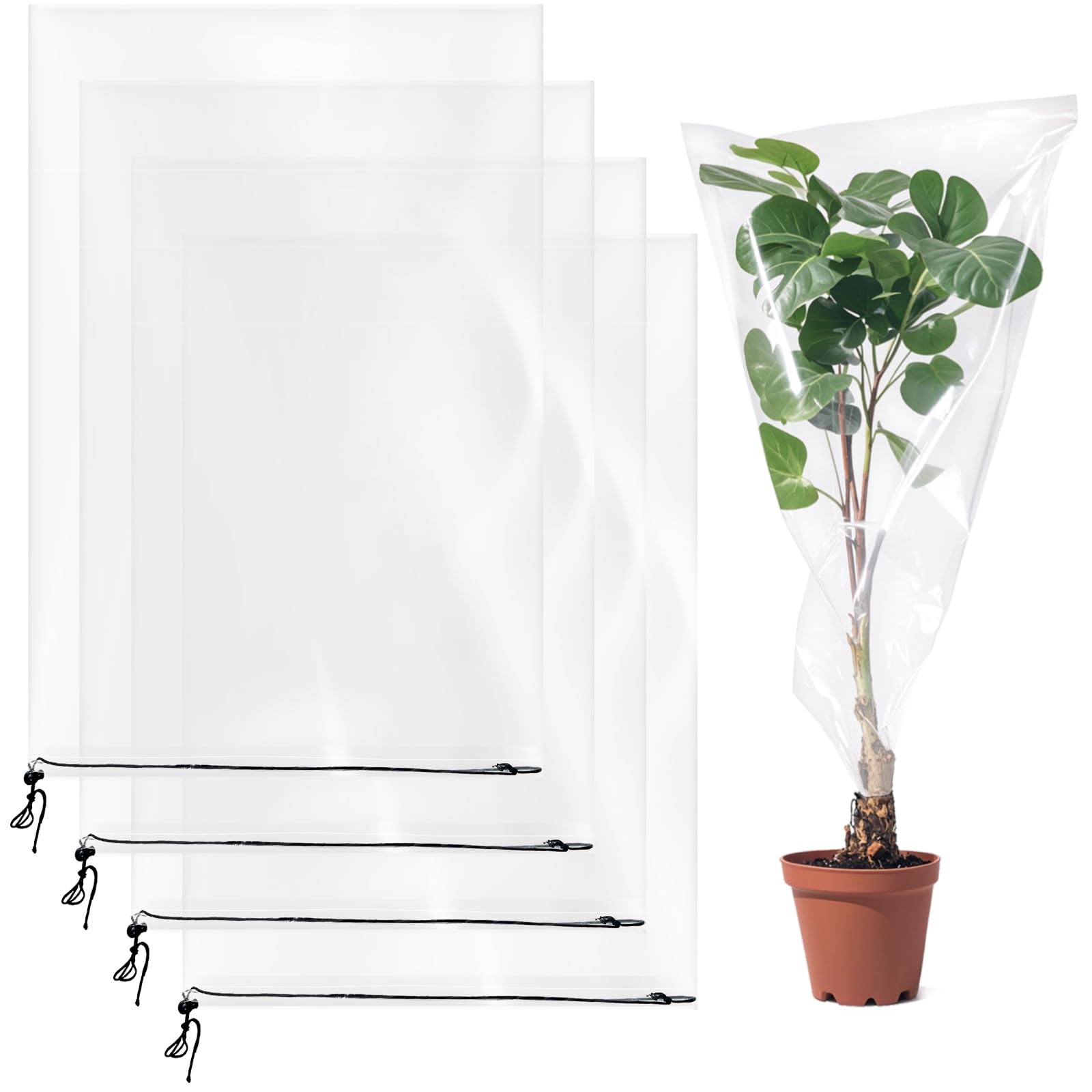 4 PCS Winter Plant Film Covers with Drawstring- 35.4" x59" Transparent Freeze Protection Bag Clear Plastic Plant Shelter Waterproof Coverings for Outdoor Garden Plant Rain Snow Frost Protection
