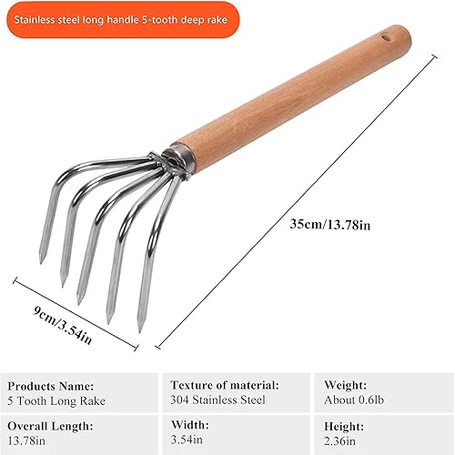 Miniatura 6 de Rastrillo de jardín cultivador de mano herramienta de jardín garra de acero inoxidable con mango de madera, 5 dientes, rastrillo de almeja,