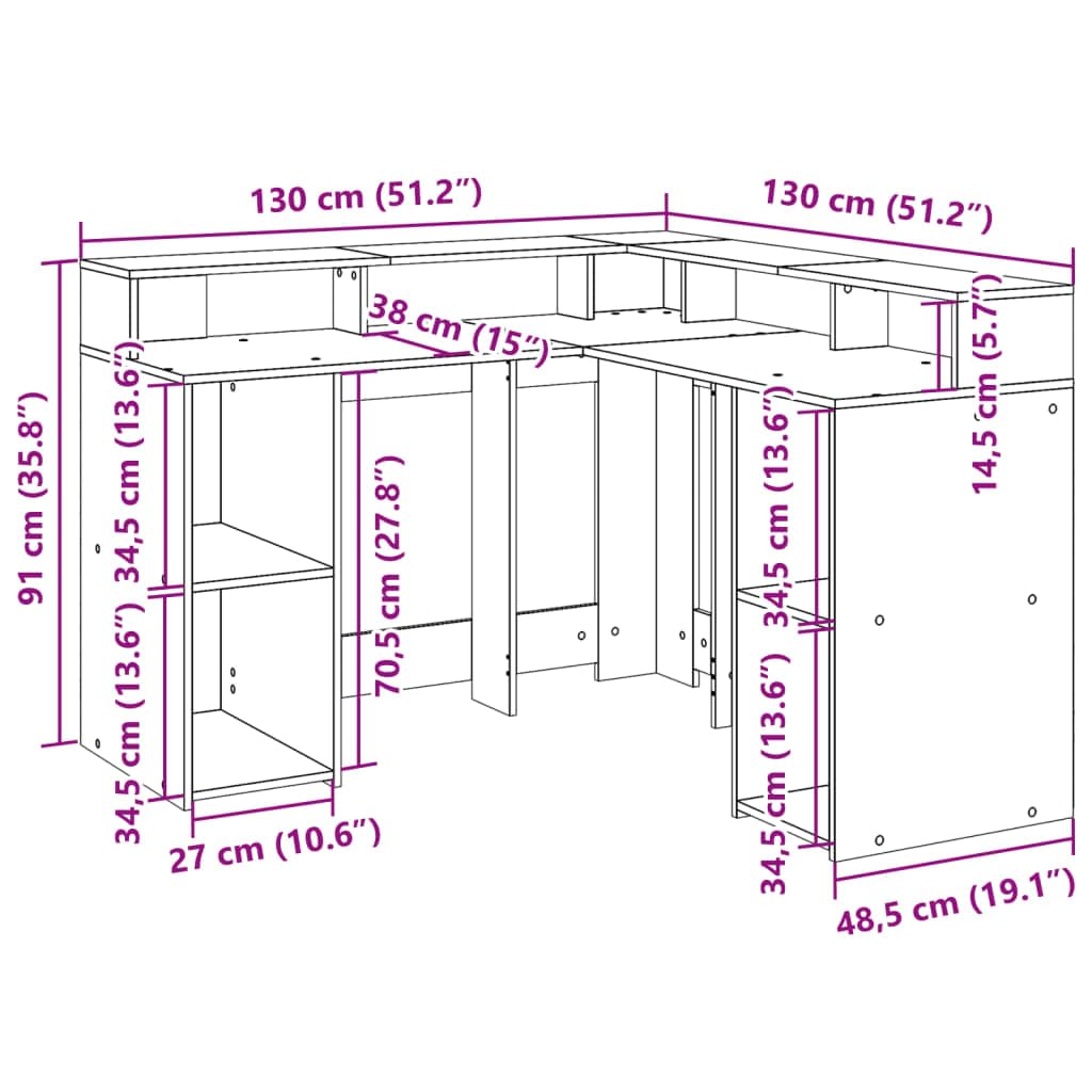 Bureau en Bois d'ingénierie chêne Sonoma avec lumières LED RVB, Espace de Rangement Compact en L, idéal pour Poste Travail Informatique, Bureau Gamer et télétravail à Domicile