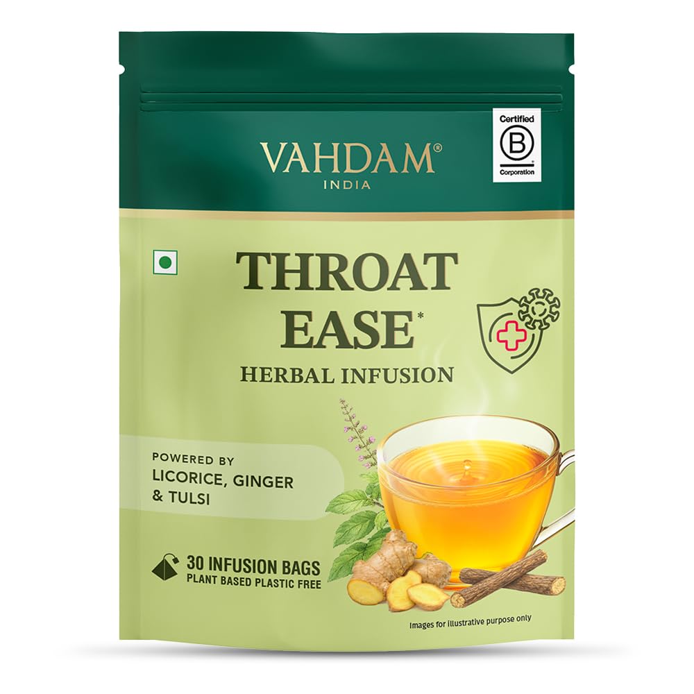 VAHDAM Throat Ease Herbal Infusion | Licorice (Mulethi), Ginger & Tulsi | 9-Herb Blend | Promotes Throat Soothing & Relief | Caffeine Free | Plant-Based | 30 Tea Bags-image-19