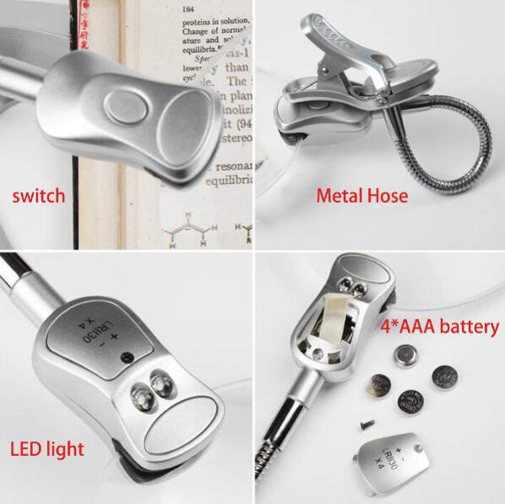 Lupa de 2.5X 8X 2 LED, Lupa de Manos Libres con Soporte de lámpara Clip de Escritorio de Mesa Ajustable Lupa iluminada para Lectura, Soldadura, reparación, Pasatiempos y Manualidades A, Magni