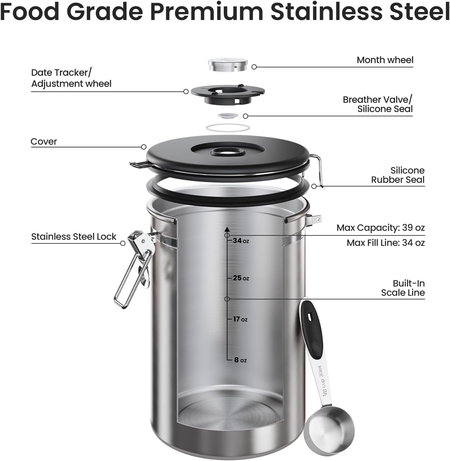 Veken Coffee Canister, 39OZ Large, Airtight Stainless Steel Food Storage Container for 2.2lbs Coffee Beans, Ground, Sugar, Tea, Flour, Cereal, Kitchen Bar Accessories with Date Tracker & Scoop, Silver