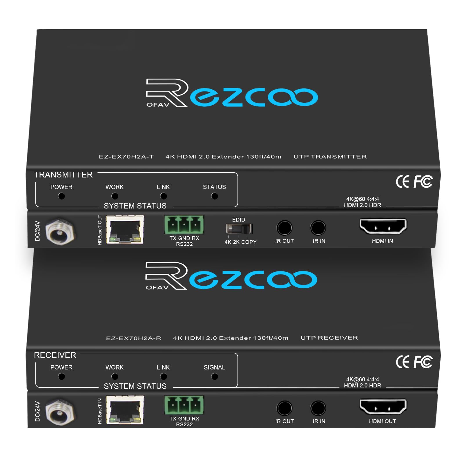 ROFAVEZCO HDMI Extender over Ethernet, 4k60 non compresso 18G/BPS su singolo Cat5/6 fino a 40m(165ft), RS232+POE+IR+HDCP2.2, HDR e Atmos, CEC, EDID Management.