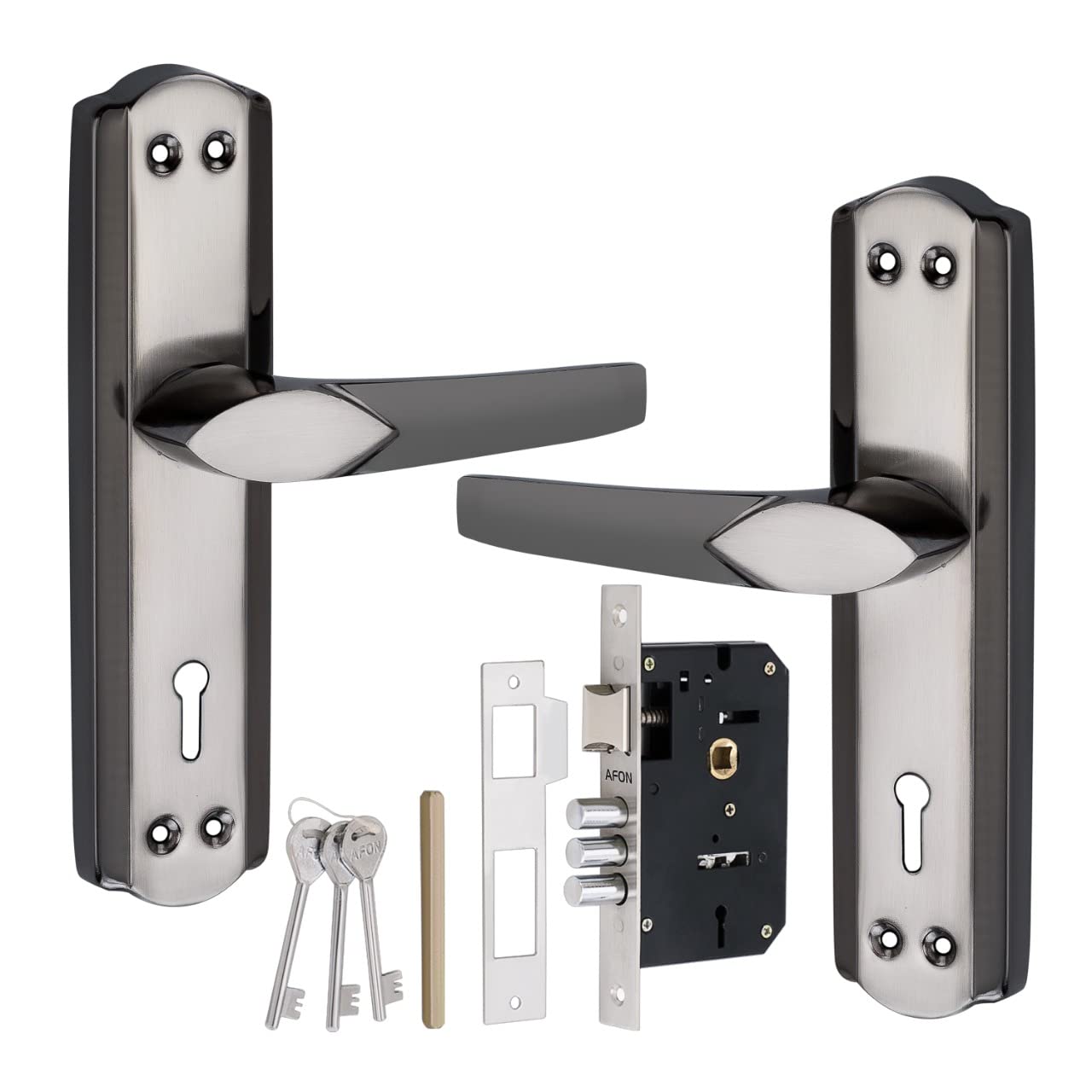 AFON 7 inches Mortise Iron Handle Set with Lock Body | Black Silver Finish | 3 Keys | 6 Lever 70 mm Double Turn Bullet Lock Set for Door, (PC334-KY-BS)