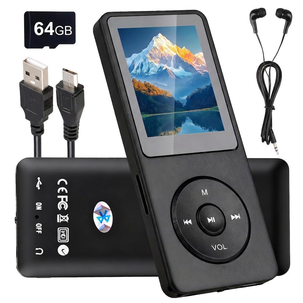 Lettore MP3 Bluetooth 5.3 64GB con Altoparlante, Autonomia 70H, Schermo 1,8”, MP4 Bluetooth Leggero, Lettore MP3 Bluetooth per Bambini Sport HiFi senza Perdita, Scheda TF 64GB