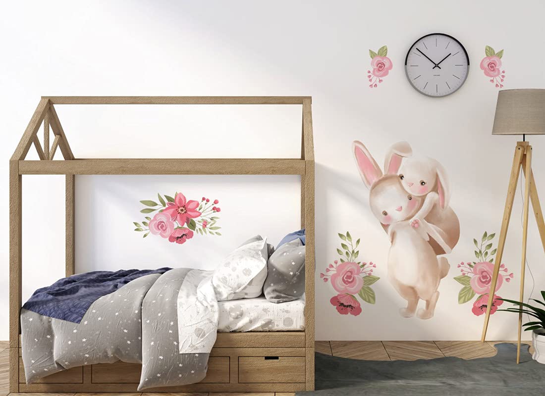 Adesivo da parete con coniglietti con fiori, immagine di bambini, per la cameretta dei bambini, motivo "Osomhome" (163 x 174 cm) os2431