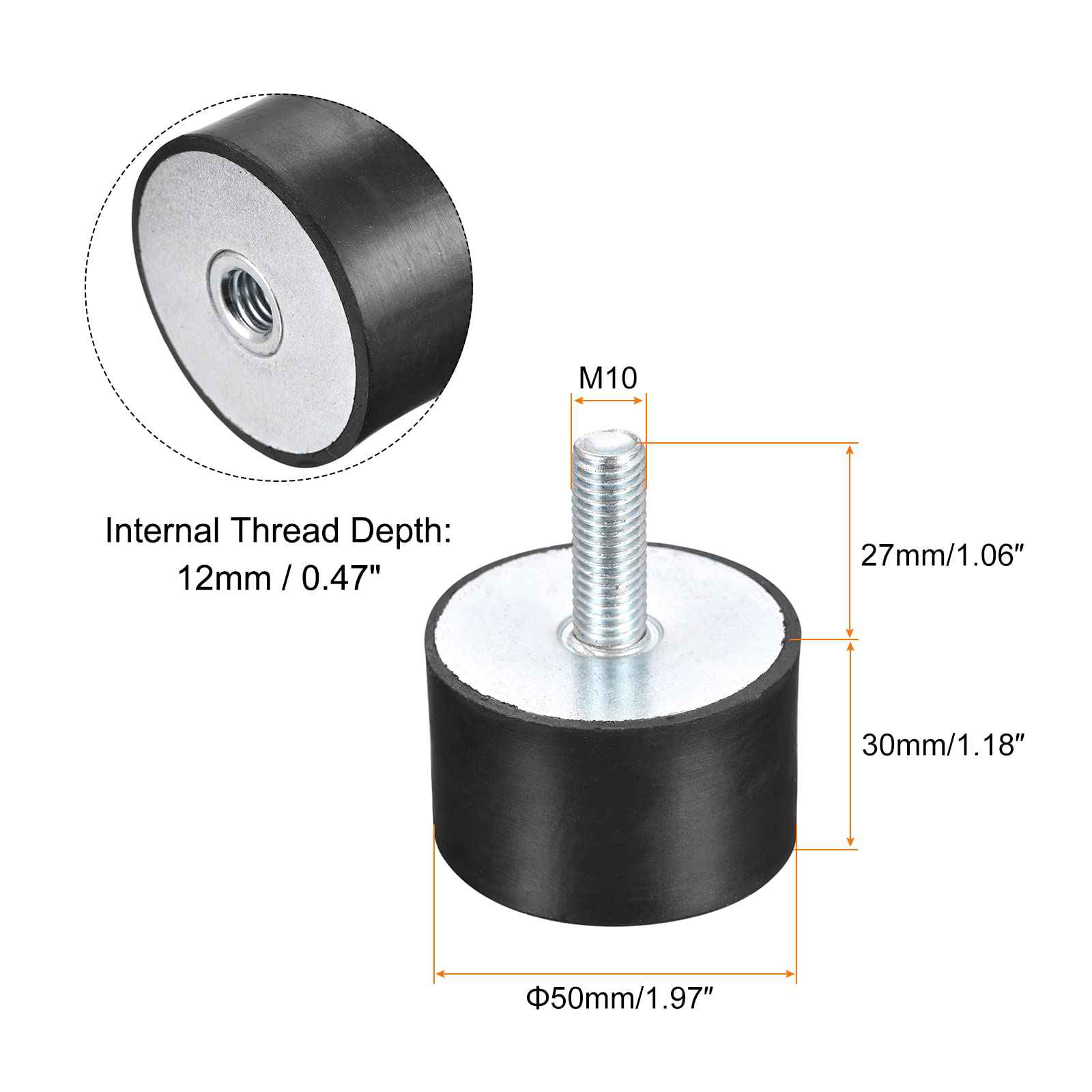 sourcing map 4pcs Silent Bloc M10 Mâle/Femelle Support Caoutchouc Amortisseur Vibration Isolateur Choc Absorbeur D50mmxH30mm