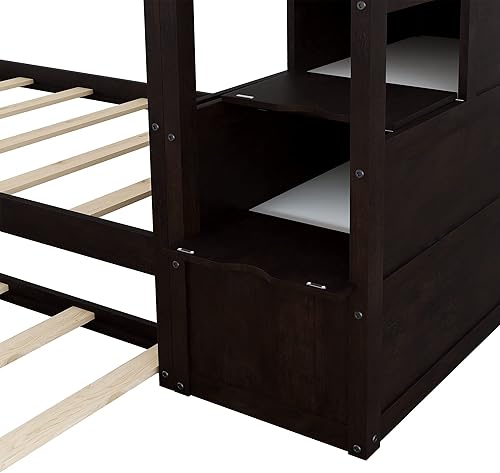 Miniatura 9 de NCKMYB Litera de madera con nido para 3 niños marco de litera matrimonial sobre matrimonial con escalera de almacenamiento y rieles de protección de