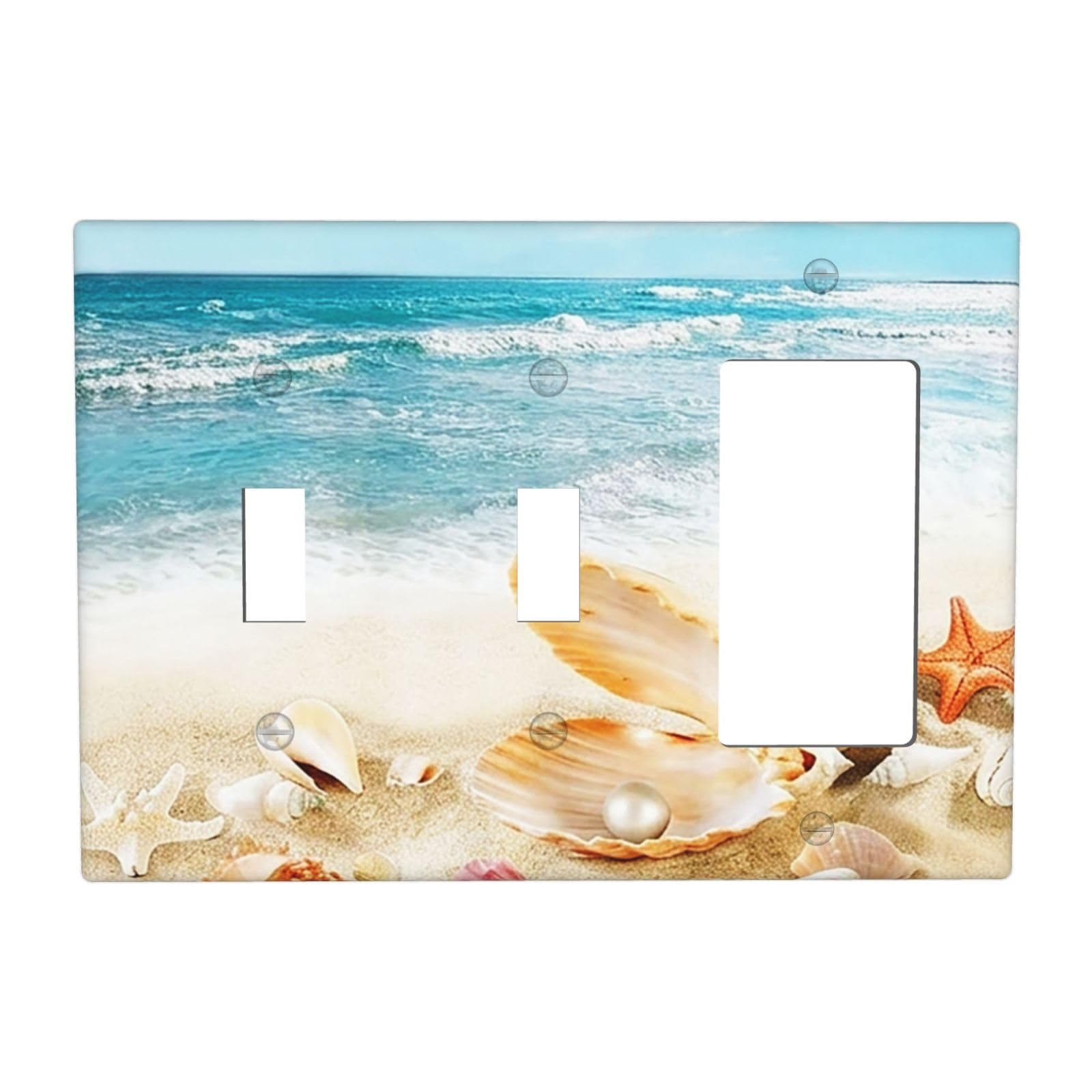 Nautical Beaach Shell Starfish Coastal 3 Gang 2 Toggle 1 Decorator/GFCI Combination Light Switch Cover Decorative Triple Combo Switch Face Wall Plate Room Decor