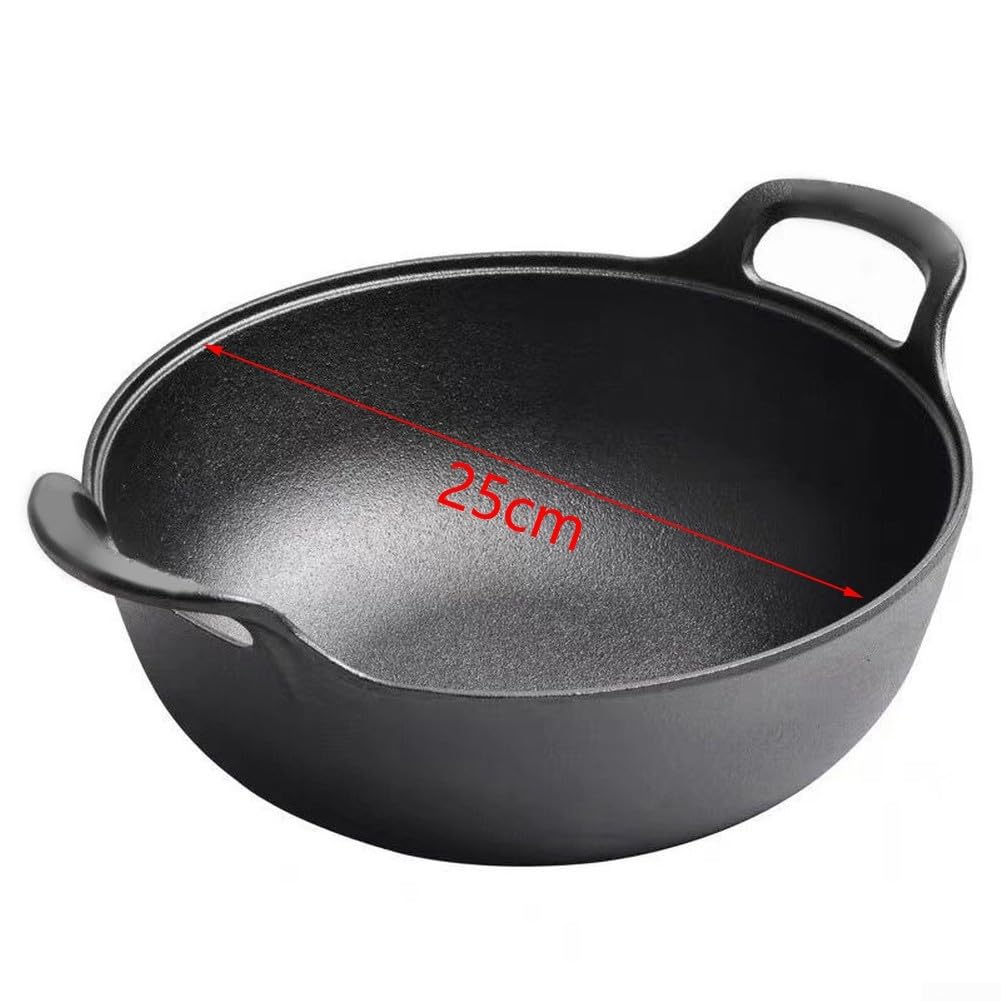 Wok sin revestimiento para hierro fundido con tapa de madera – Base plana para inducción, sartén de 25 cm