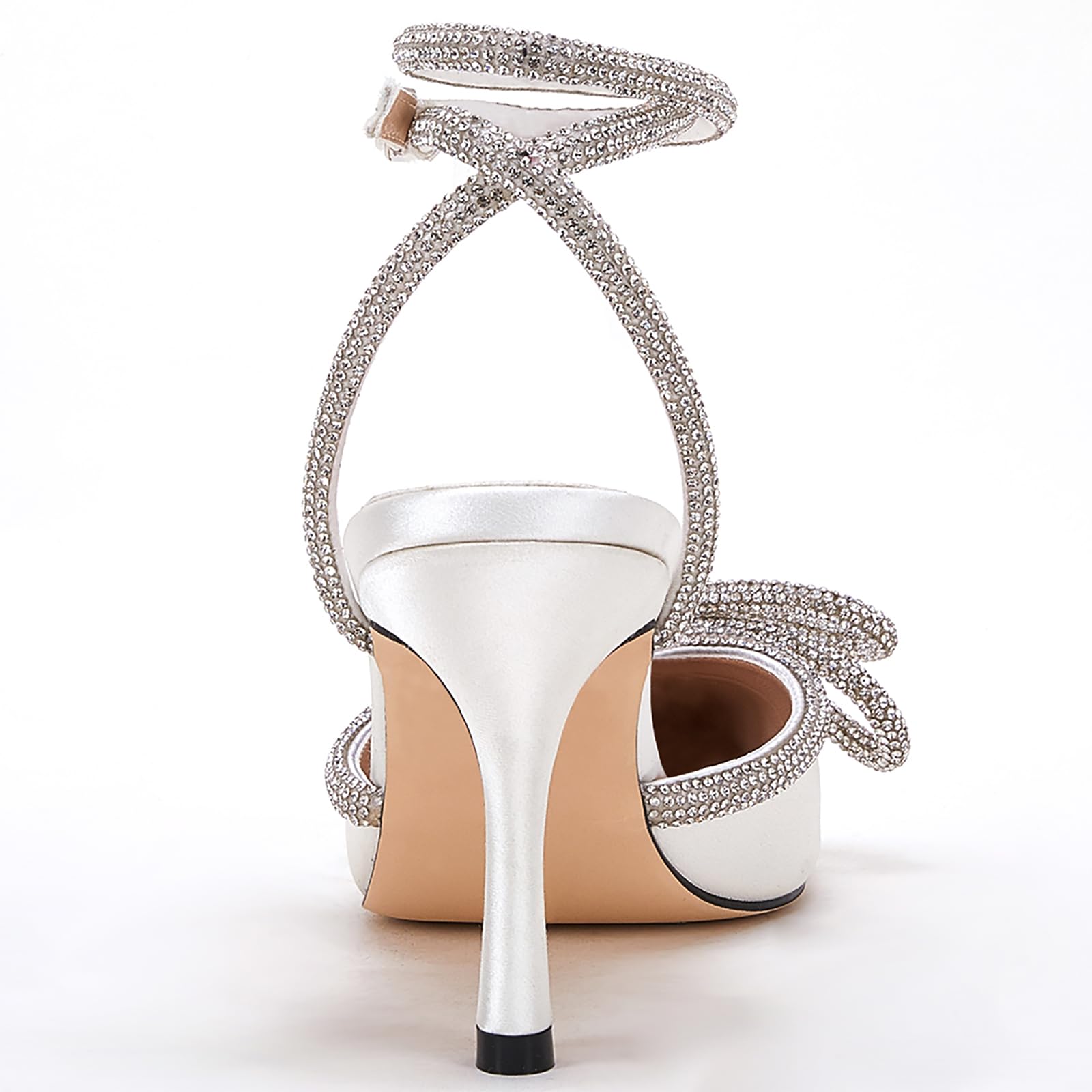 VETASTE Women's Double Bow Pointed Toe Ankle Strap Crystal Pumps Wedding Bridal Party Stilettos Backless Satin Heeled Sandals: 10 White