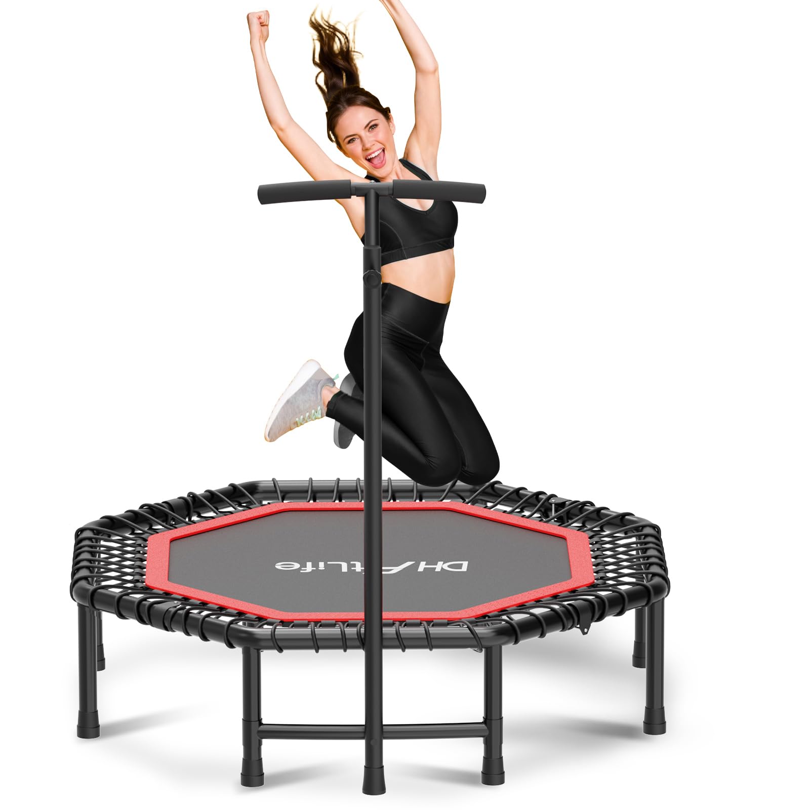 DH FitLife Cama Elástica Fitness Interior Ø121 cm, Trampolín Plegable sin Montaje, Capacidad 150 kg, Mango Ajustable 3 Niveles, Bajo Ruido y Estructura Estable para Adultos