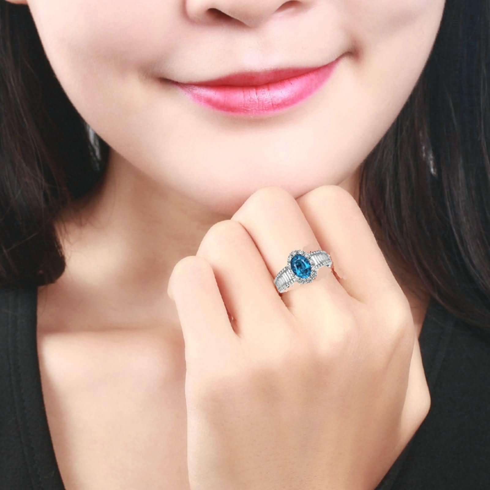 Anelli Fidanzamento Argento Donna 925,Anelli di Matrimonio 4 Griffe con Oval e Fiore Zirconia Cubica Azzurro Anello Donna Matrimonio Argento
