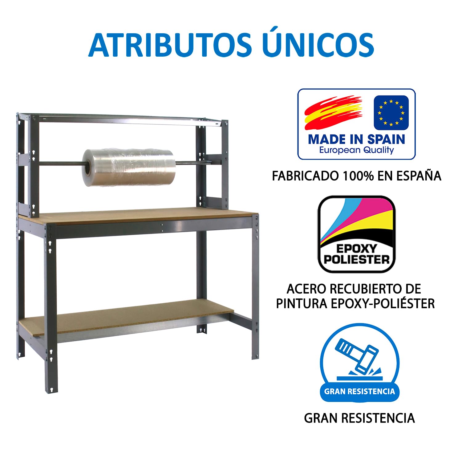Simon Rack Banco de Trabajo con Porta Rollo 910x760 mm - BT4 | Porta Rollo, Tablero madera 16 mm, Capacidad Carga 400 kg, Gris , Pintura anticorrosión, Montaje sistema clic