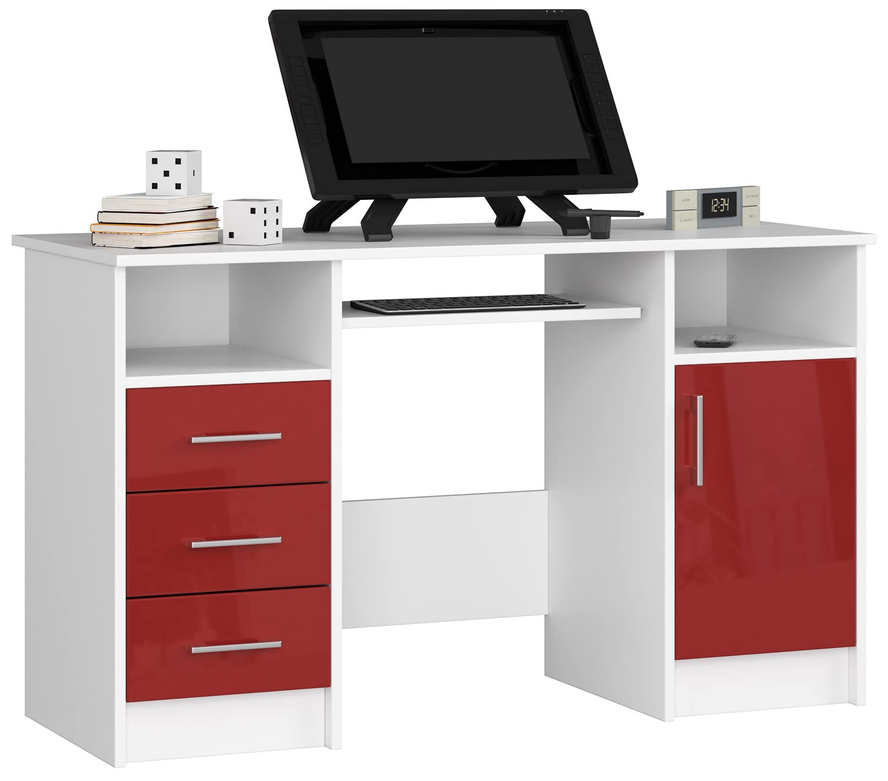 AKORD Bureau ANA 124 cm | met 1 deur en 3 laden | Office Desk | Computertafel | Bureautafel | PC-bureau | B124 x H74 x D52 cm | Gewicht 50,00 kg | Wit/Metallic hoogglans