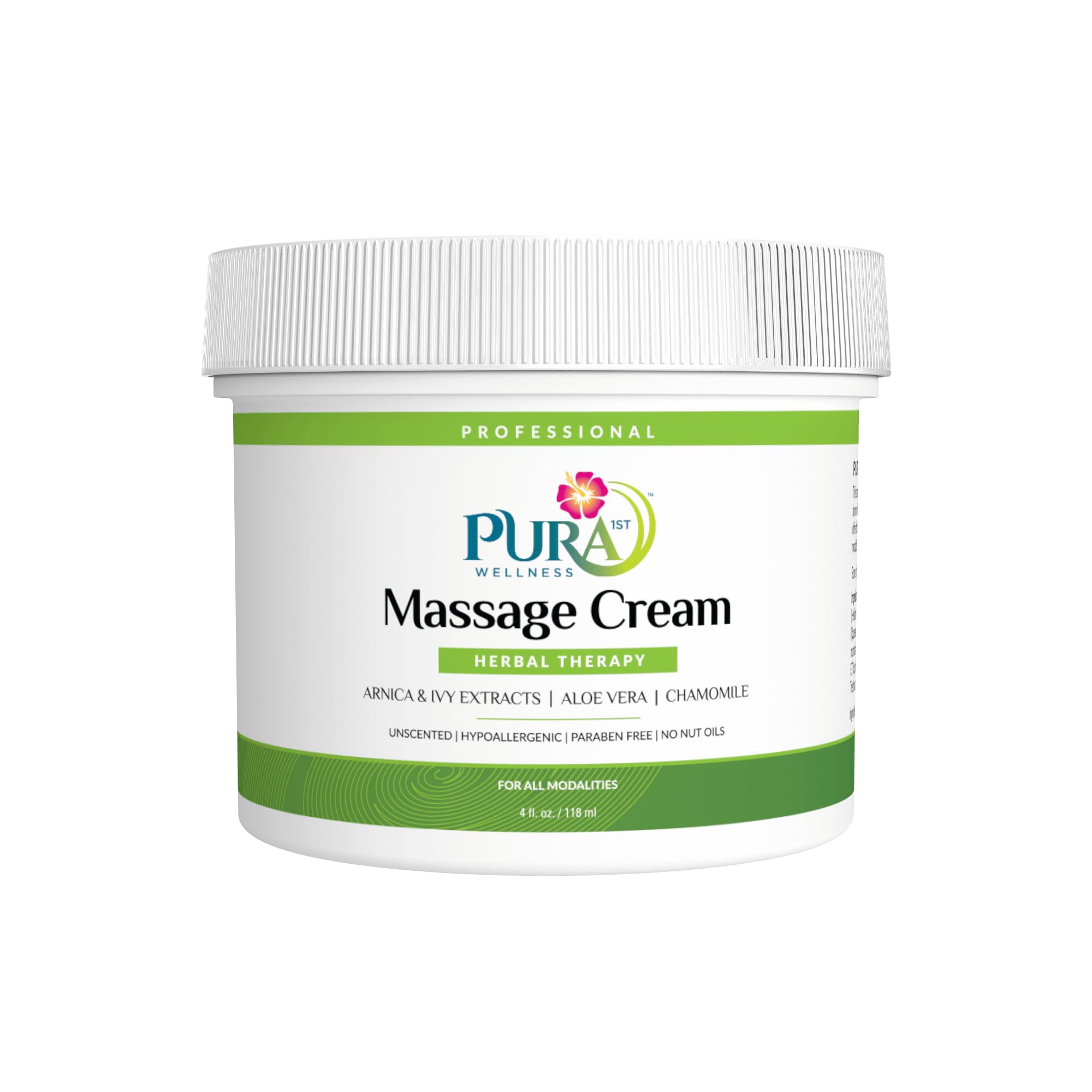PURA 1ST Professional Herbal Therapy Massage Cream, Aloe Vera, Arnica Extract, Unscented, Hypoallergenic, Natural, Deep Tissue, Wellness, Physical Therapy, 4oz Jar