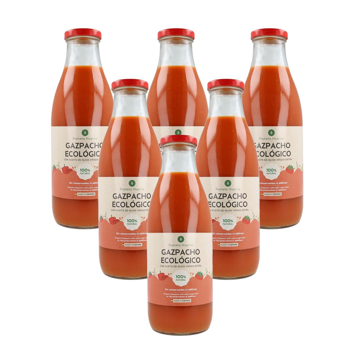 PLANETA HUERTO Pack 6x Gazpacho Tradicional Ecológico 1L – Gazpacho andaluz con AOVE bajo en calorías