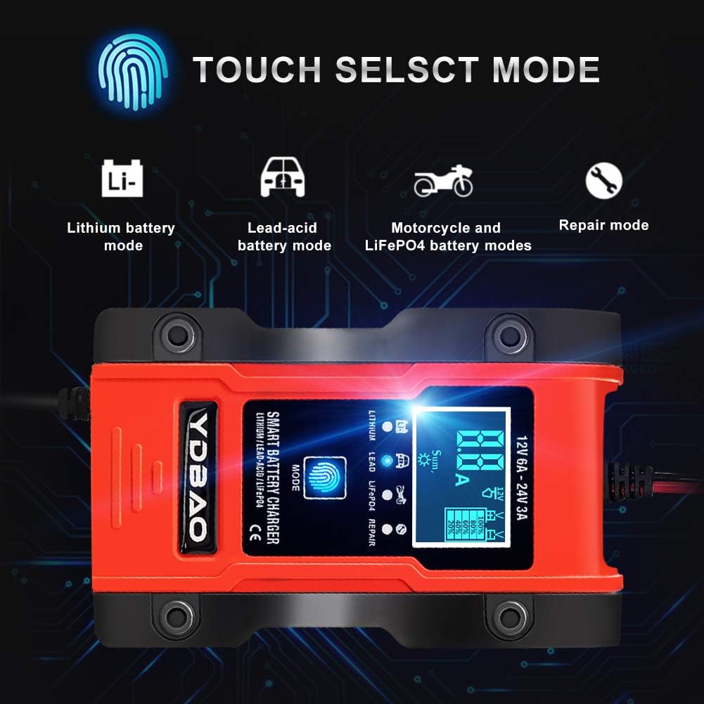 YDBAO Smart Battery Charger showing touch mode selection for Lithium, Lead-Acid, Motorcycle/LiFePO4, and Repair modes.
