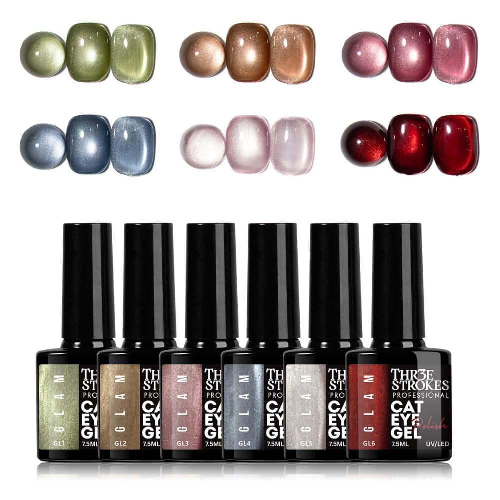 THR3E STROKES Gel Nail Polish 9D Cat Eye Gel Nail Polish, Magnetic Cat Eye Gel Polish Set, 7ml*6 with , Classic Colors Chameleon Magic Galaxy Effect Soak off Nail Art, Sparkle Stunning Gel Polish Gift for Women (UV/LED LIGHT REQUIRED) (GLAM, 7.5ML)