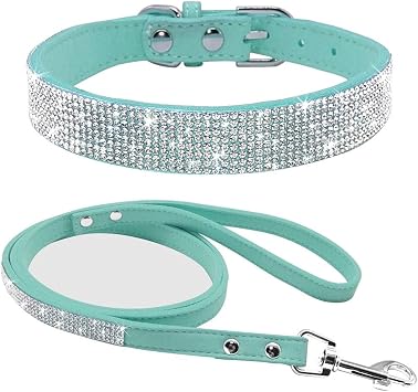 N/E ZHEXUNDIAN Dog Collar Pet Collar Adjustable Suede Leather Puppy Dog Collar Leash Set Soft Rhinestone Small Medium Dogs Cats Collars Walking Leashes Pink XS S M Color Blue, Size S