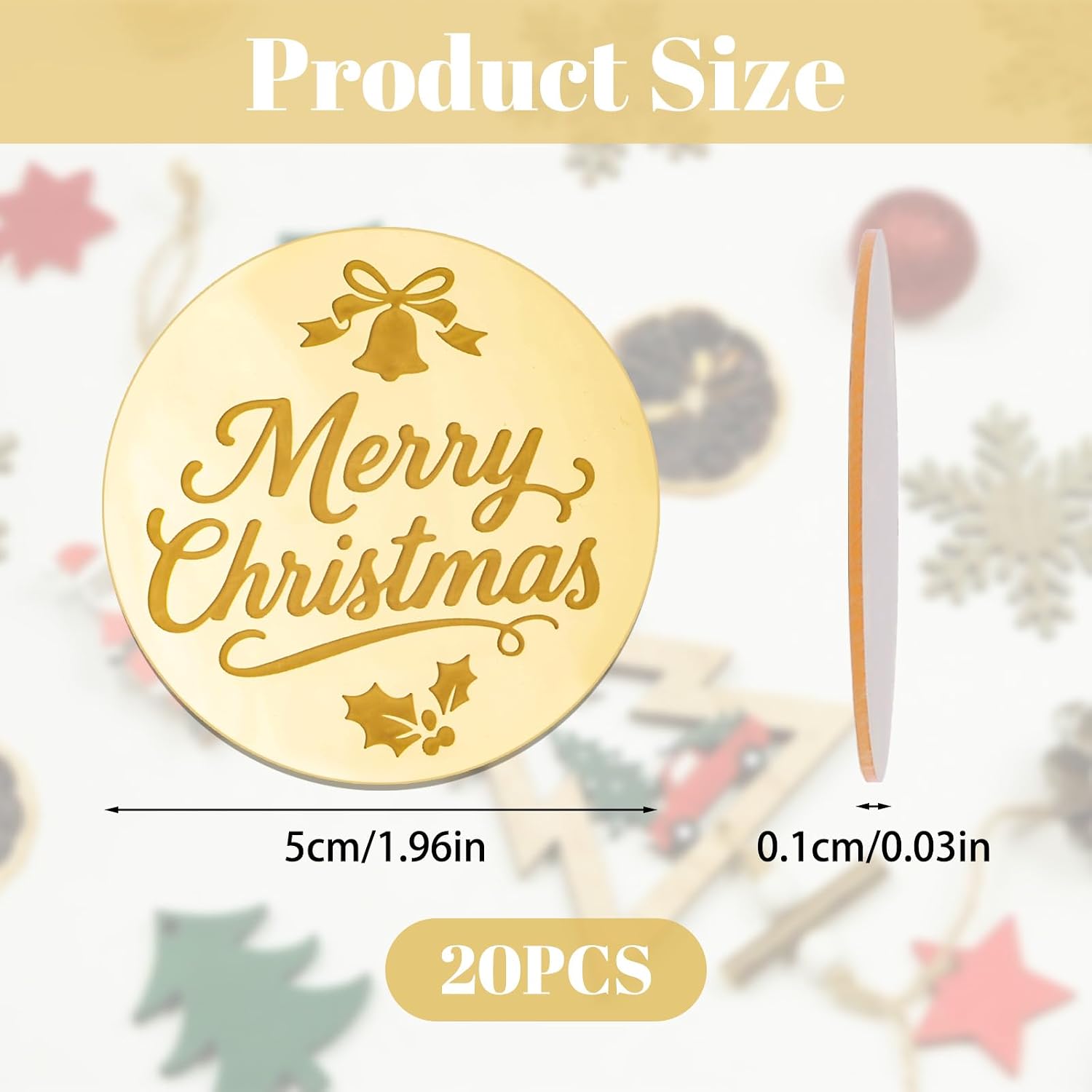 Merry Christmas Cupcake Toppers, 20Pcs Golden Round Acrylic Cake Charms Christmas Bell Leaf Mirror Cake Discs for Party DIY Decor Supplies image 3