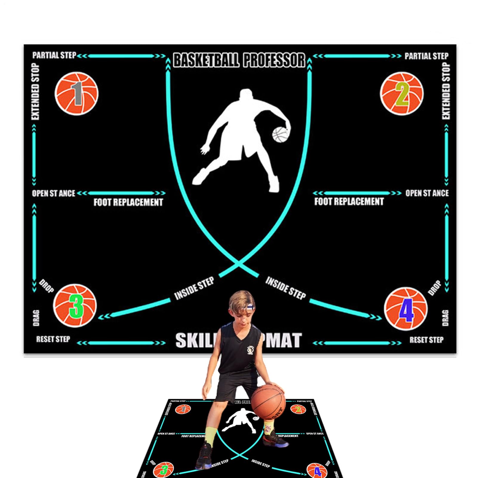 Basketball Dribbling Matte 120x80cm - Antirutsch Trainingsmatte für Innen & Außen - Verbessert Ballgefühl, Koordination & Fußarbeit - Für Kinder & Erwachsene - Faltbar & Einfach zu Verstauen