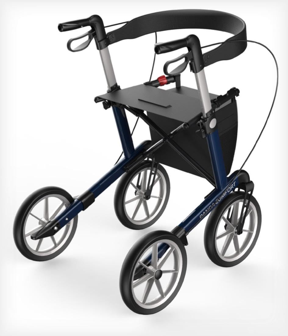 FabaCare Outdoor-Rollator mit Vollausstattung und Feststellbremse, Leichtgewichtrollator Panda Comfort mit Softrädern, Indoor-Rollator, faltbar, abnehmbare Tasche, Rückengurt, Stockhalter, Farbe blau
