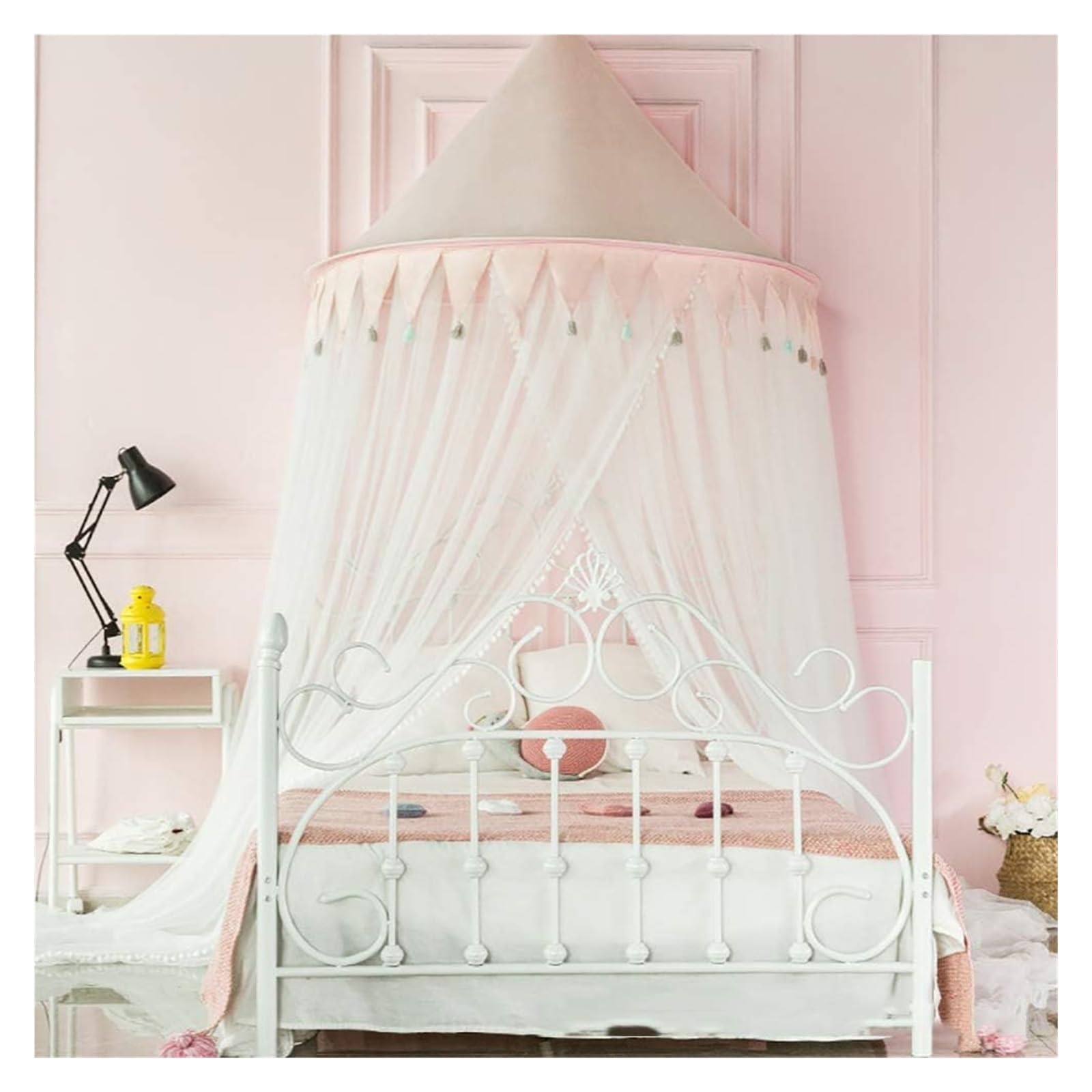 Moustiquaire lit auvent rose de 1m20 avec ciel de lit princesse en dentelle pour chambre d'enfant