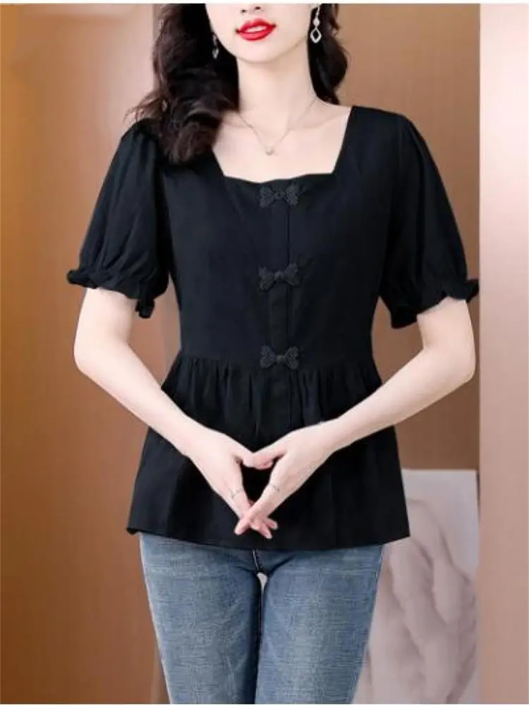 Camicia da donna a maniche corte estiva da ufficio con fiocco e bottoni, scollo quadrato, in cotone