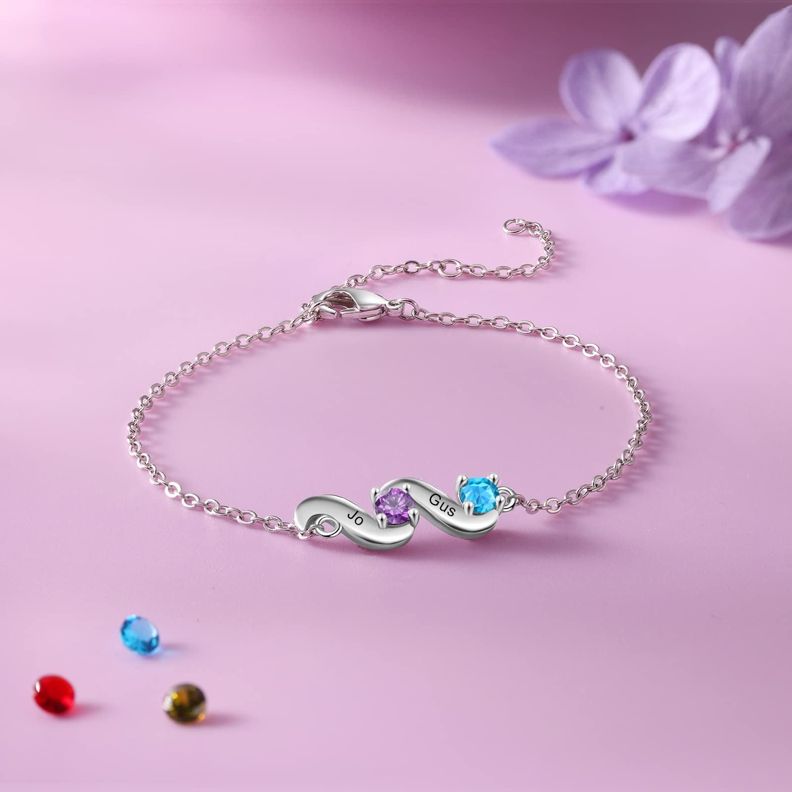 kaululu Bracciale Donna Personalizzato Ciondolo Infinito Coppia Cuore Foto Bracciale Catena Regolabile Simulato Birthstone Inciso Nome Bracciali per Madre Figlia BFF Regali commemorativi (Oro 2)