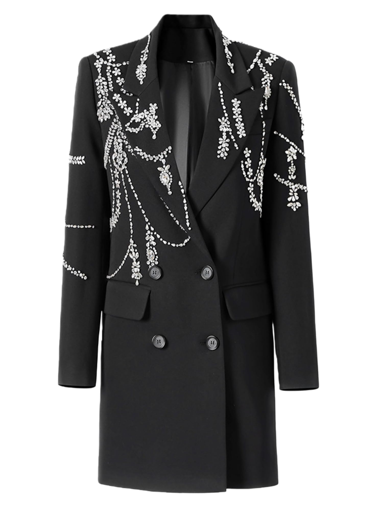 Womens Diamonds Beaded Double-Breasted Mid-Length Blazer Dress Party Work Chic Blazer Dresses