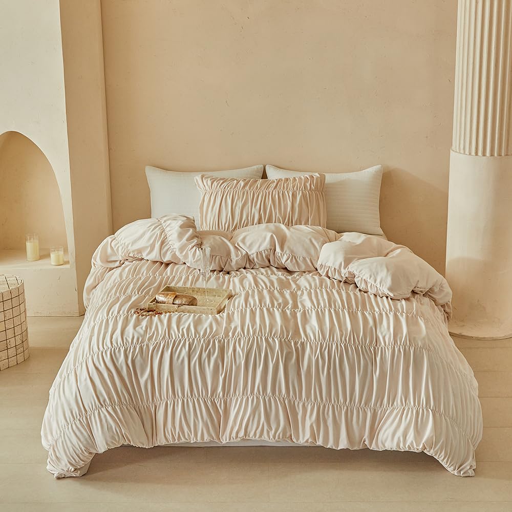 KIYNE Solid Ruched Duvet Cover Set Boho Bedding Quilt Cover with Pillowcase