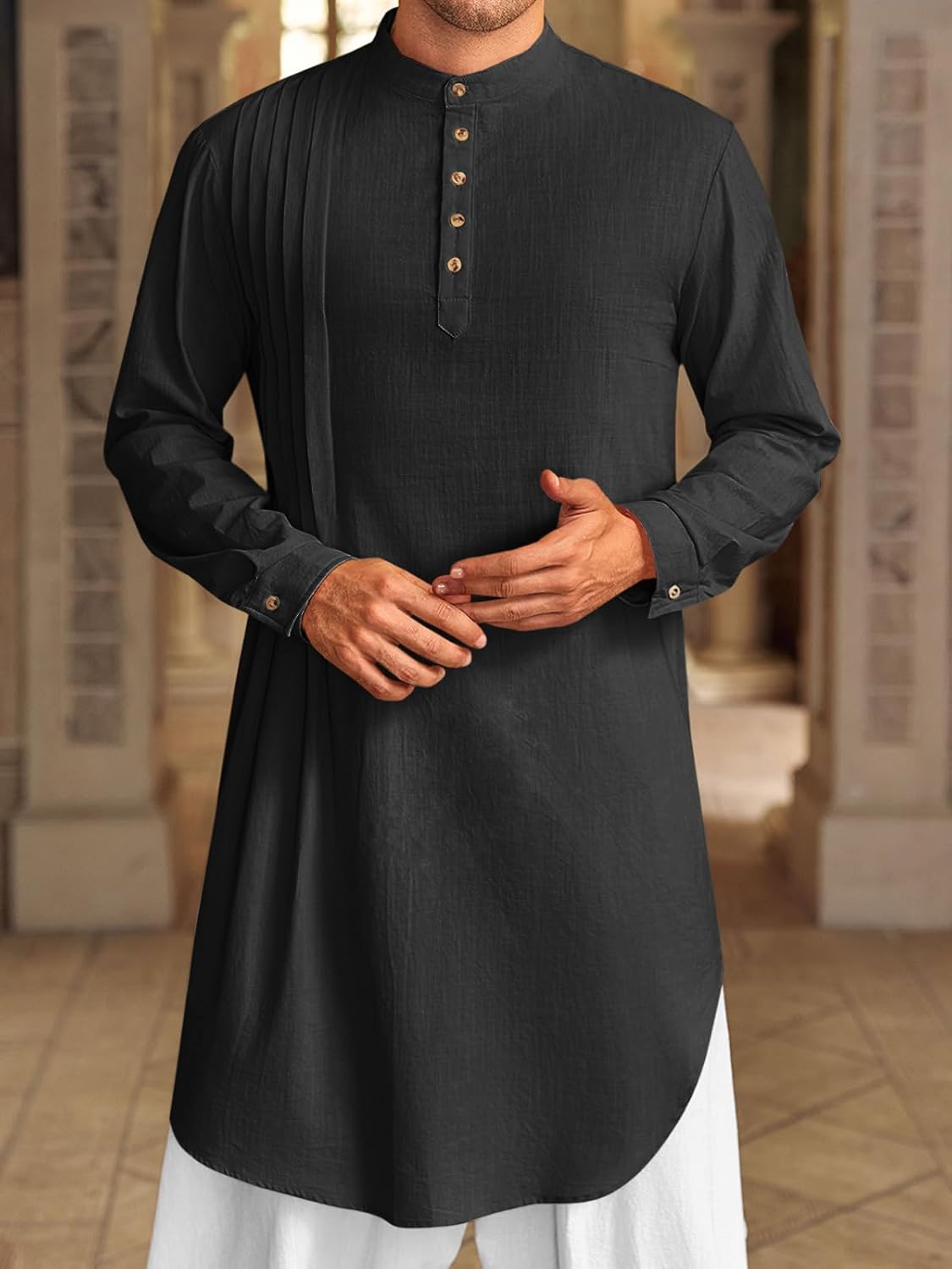 Runcati Mens Kaftan Thobe Cotton Linen Henley Shirt Long Sleeve Robe Casual Muslim Gown Kurta - Image 2