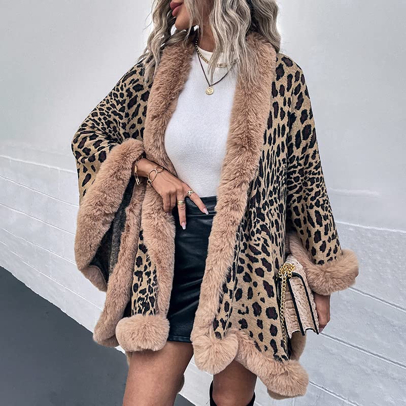 Women's Leopard Print Shawl Wraps Fur Collar Open Front Knitted Poncho Oversized Warm Cardigan Capes for Fall Winter3