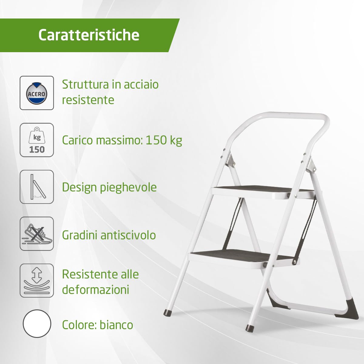 Amig - Scala pieghevole – Sgabello in acciaio con 2 gradini antiscivolo – Dimensioni: 77 x 59 x 48 cm – Peso massimo 150 kg – Finitura bianca con protezioni nere – Per uso professionale e domestico