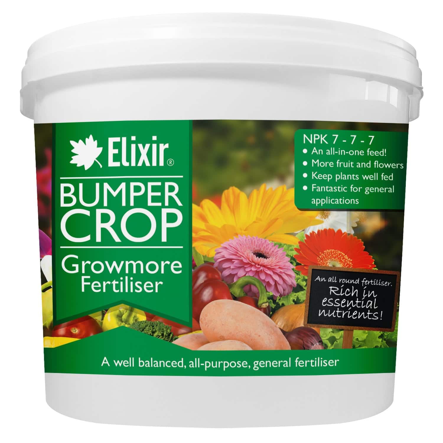 Elixir Gardens Bumper Crop Growmore Fertiliser NPK 7-7-7 | Various quantities available (from 500g to 25kg) | 1kg, Supplied in Re-Sealable Tub | Treats 20sqm